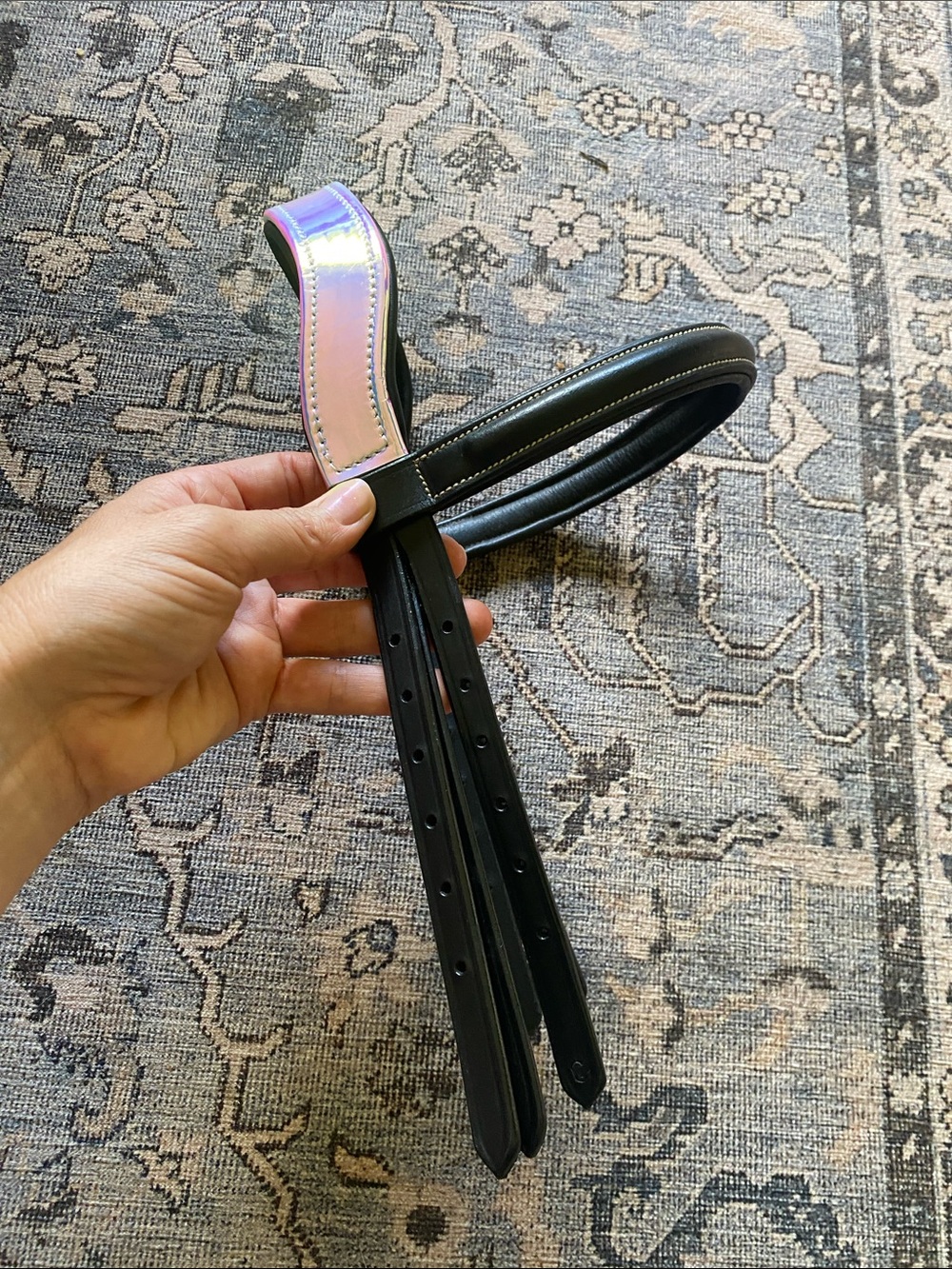 Iridescent Pink & Black Leather Headstall cob size